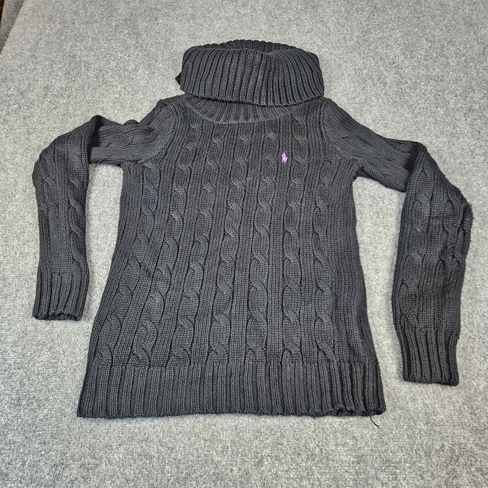 Ralph Lauren Sport Black Cable Knit Turtleneck Sweater Purple Pony Womens L
